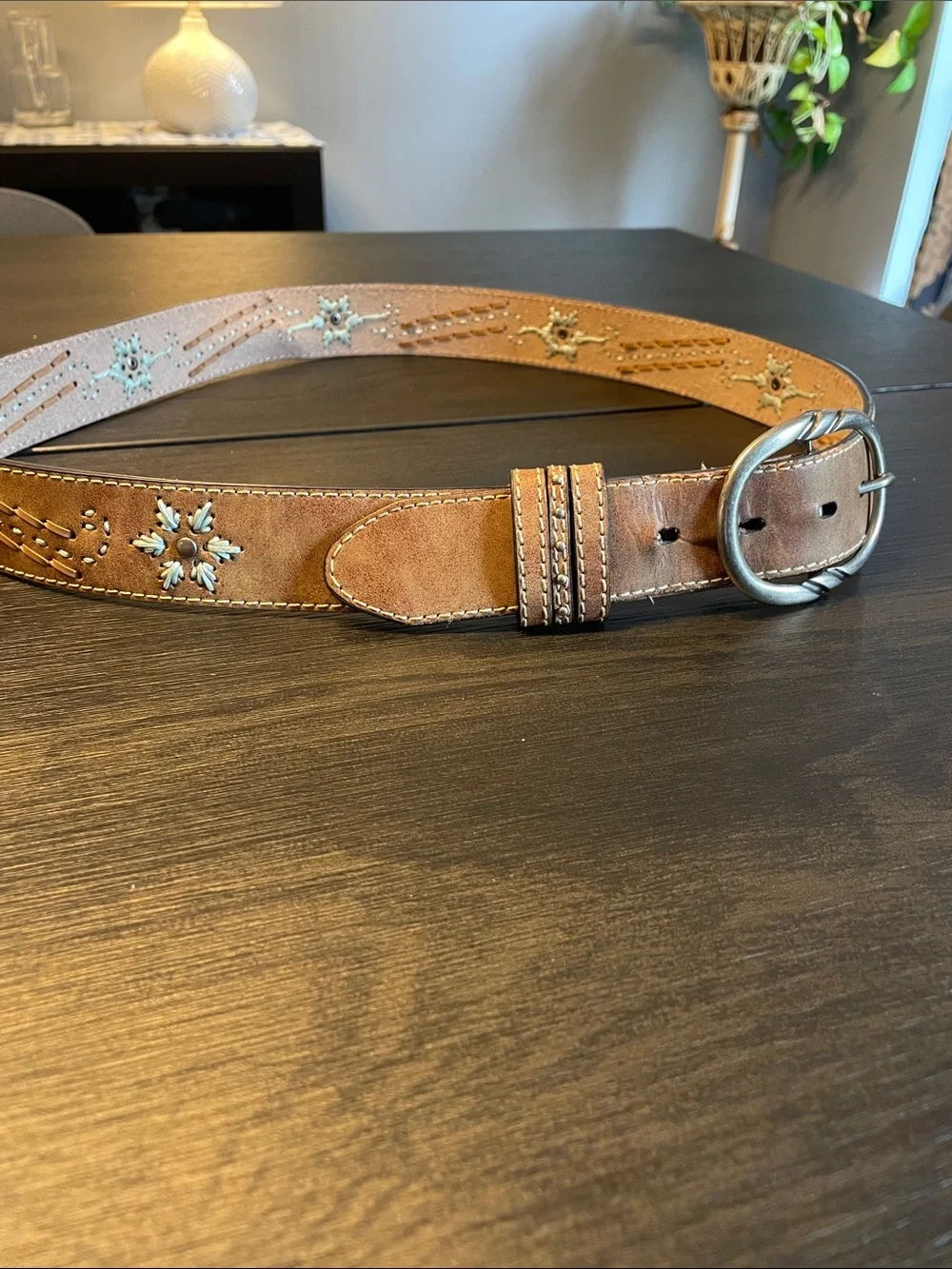 Embroidered Suede Brown Belt with Turquoise Accents
